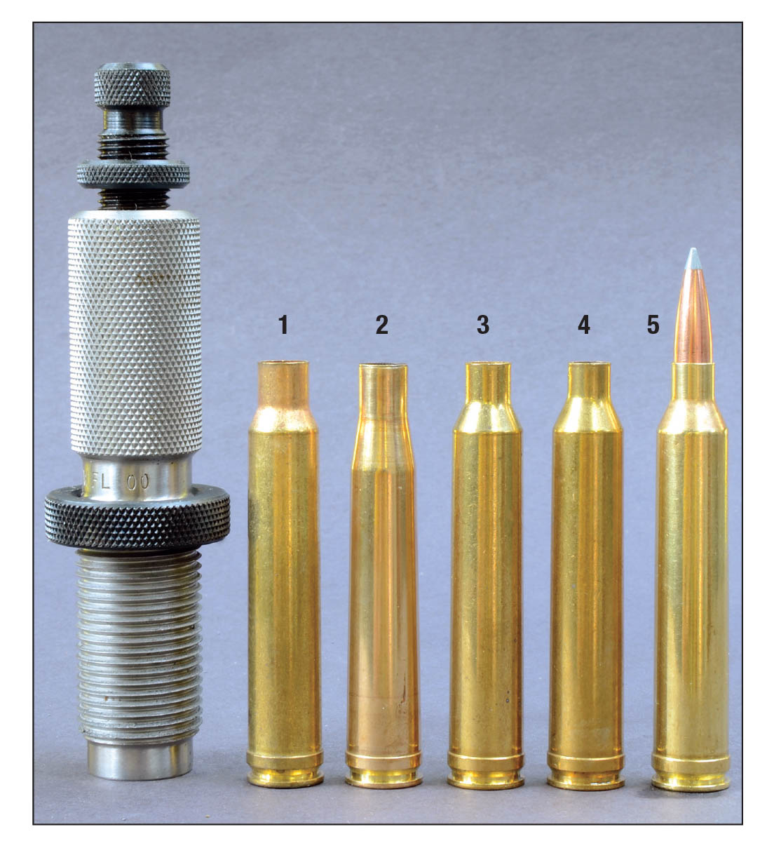 The 6.5 STW case (4 and 5) can be formed from any full-length Holland & Holland belted case, including the (1) 8mm Remington Magnum, (2) .300 H&H Magnum and (3) 7mm STW.